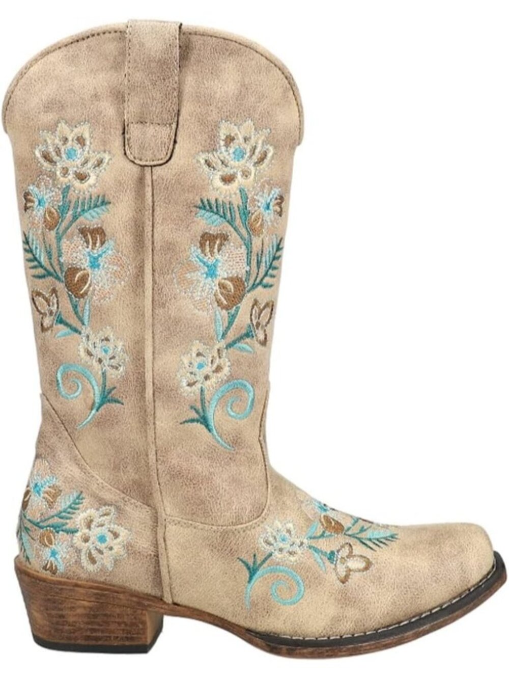 Women’s Beige Floral Embroidered Cowboy Boots Mid Calf Western Cowgirl Boots
